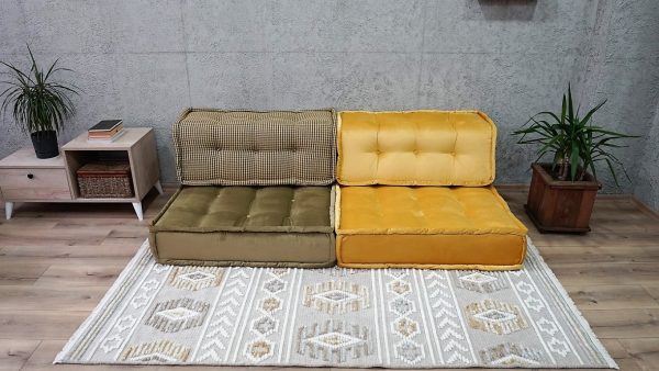 Green and Yellow Velvet Fabric Floor Settee, 8" Thickness 3-MB95 - Image 2