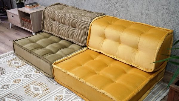 Green and Yellow Velvet Fabric Floor Settee, 8" Thickness 3-MB95 - Image 5