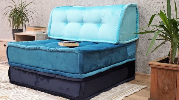 Blue Thick Cushion On The Floor, Velvet Fabric 2-MB95