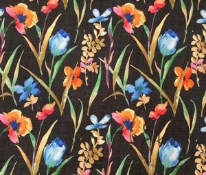 Black Linen Watercolor Flowers Patterned Fabric