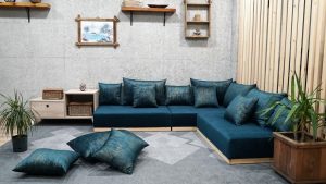 Petrol Blue Corner Sofa on Wooden Floor, Pallet Cushion Set 22-MB70