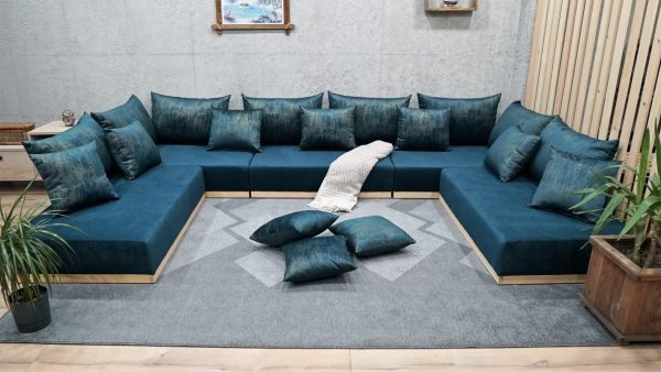 Modular Blue Sofa on Wooden Floor, Palet Couch Set 21-MB70