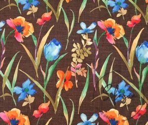 Coffee Linen Watercolor Flowers Patterned Fabric