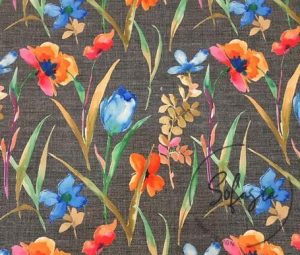 Gray Linen Watercolor Flowers Patterned Fabric