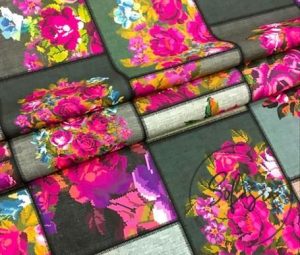 Linen Background Purple Flower Cross Stitch Patterned Fabric