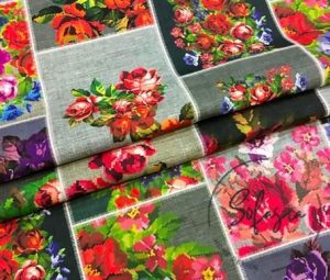 Linen Background Red Flower Cross Stitch Patterned Fabric