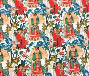 White Background Frida Kahlo Patterned Fabric
