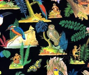 Black Fabric with Forest Birds and Parrot Pattern