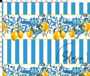 Blue Striped Lemon Patterned Sofa and Curtain Fabric