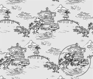 Gray Black Chinese Houses Patterned Sofa and Curtain Fabric