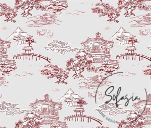 Gray Claret Red Chinese Houses Patterned Sofa and Curtain Fabric