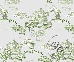 Gray Green Chinese Houses Patterned Sofa and Curtain Fabric