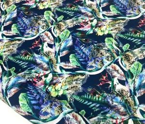 Tropical Patterned Navy Blue Curtain and Sofa Fabric