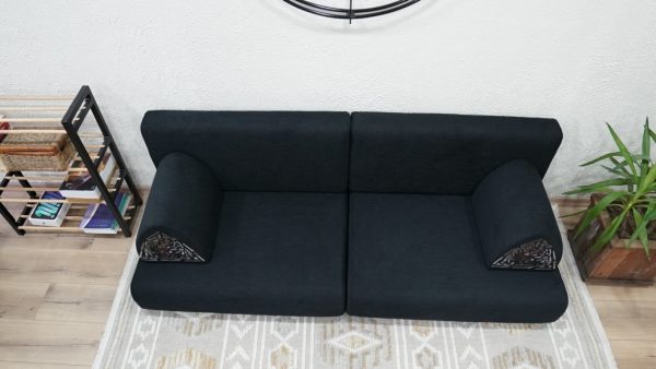 Black Linen Sectional Bottom Sofa, Black Linen Floor Couch - Image 3