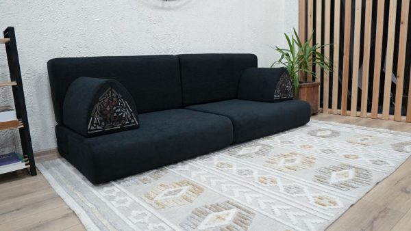 Black Linen Sectional Bottom Sofa, Black Linen Floor Couch - Image 4