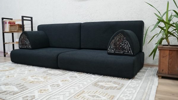 Black Linen Sectional Bottom Sofa, Black Linen Floor Couch - Image 5