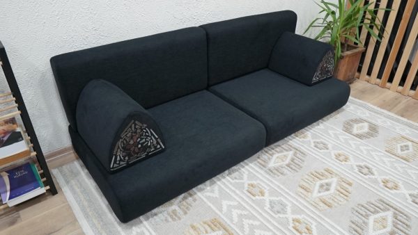 Black Linen Sectional Bottom Sofa, Black Linen Floor Couch - Image 6