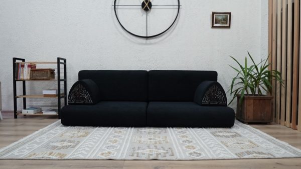 Black Linen Sectional Bottom Sofa, Black Linen Floor Couch - Image 8